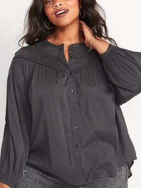 Old Navy Panther Black Button Down Boho Prairie Poet Blouse Size XL